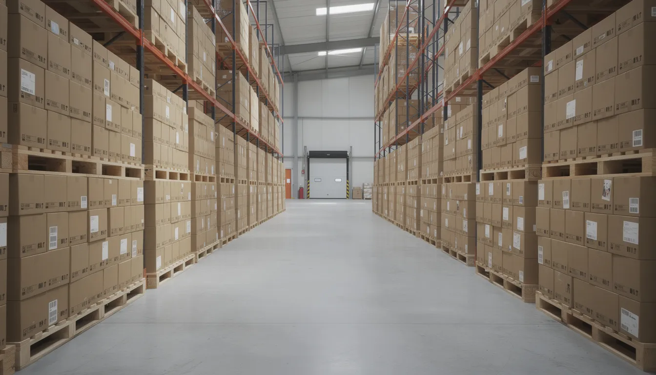 The image depicts efficiently stacked pallets of uniform export cartons inside a warehouse, ready for international shipping. This organized arrangement highlights the importance of proper export packaging and adherence to international shipping standards for secure and efficient transport of goods.