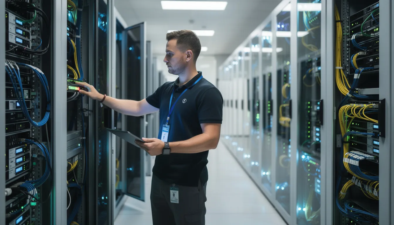 A data center technician is inspecting a row of high-quality server racks, ensuring that the equipment, including power supplies and NVMe drives, is functioning properly. The technician is focused on maintaining the reliability and performance of the servers within the data center.