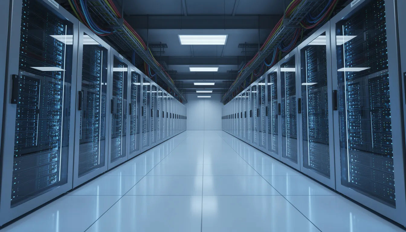 The image depicts a modern data center interior featuring rows of tall server racks illuminated by blue LED lighting, showcasing high-density server cabinets and equipment designed for efficient data management. The environment emphasizes reliability and security, with easy access to power supplies and advanced hardware, creating an optimal space for business operations.