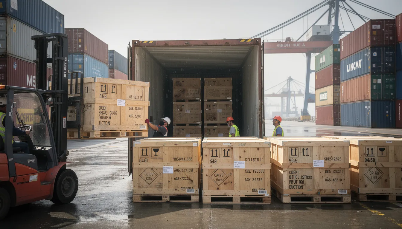 The image depicts wooden crates and pallets marked with international shipping labels being loaded into a shipping container at a bustling port, highlighting the importance of proper export packaging for international trade. This scene emphasizes the careful handling and adherence to international shipping standards essential for transporting goods overseas.