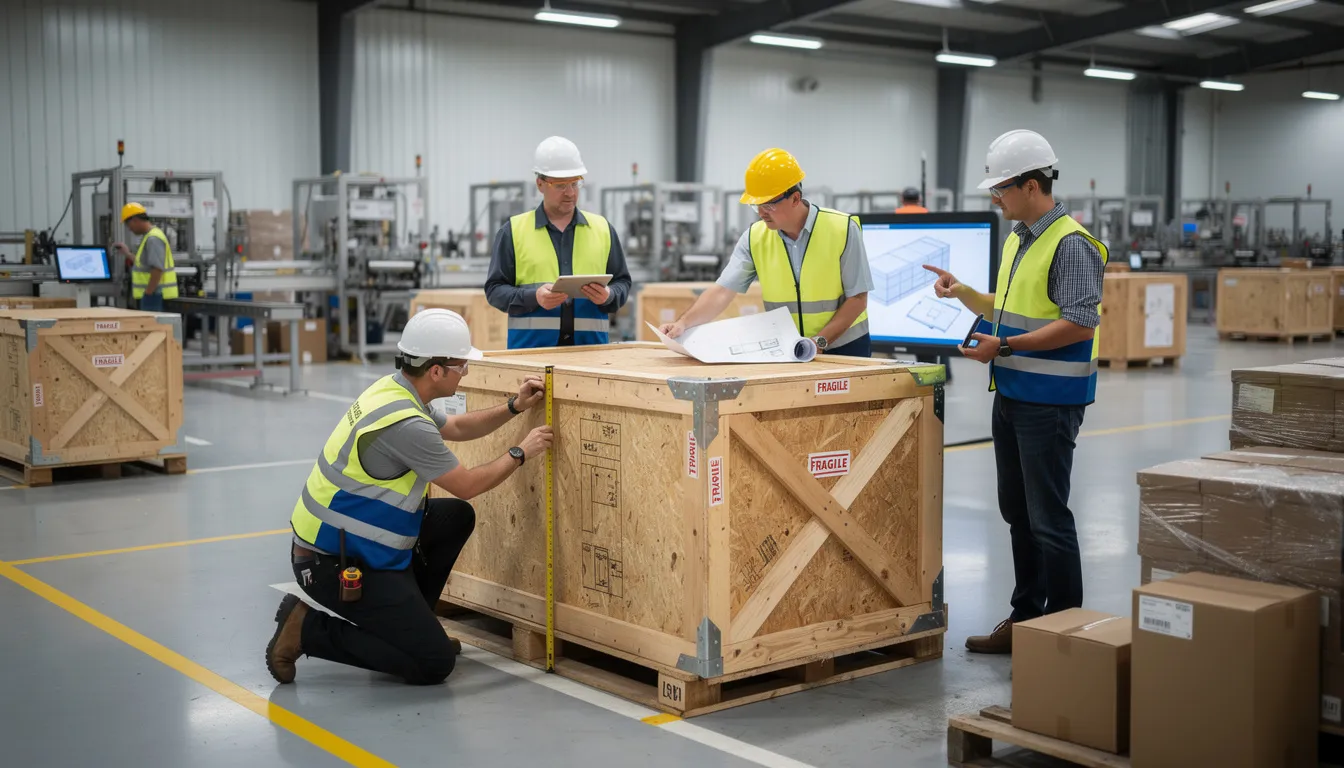 Two engineers are closely examining custom wooden crating designs in an industrial packaging facility, focusing on the importance of export packaging for international shipments. The scene highlights the careful consideration required for proper packaging methods to ensure goods arrive safely, adhering to international shipping standards and regulations.