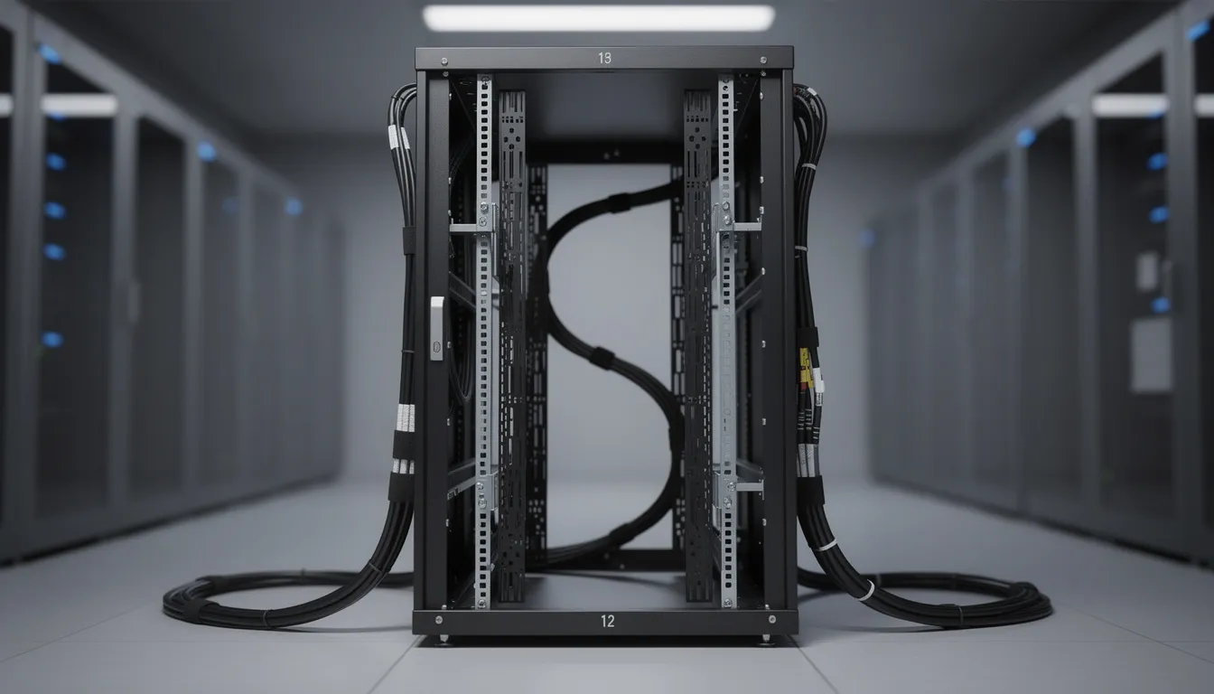 The image depicts an open frame server rack with exposed mounting rails and organized cable management, showcasing its adjustable features for securely housing servers and accessories. This high-quality server rack is designed to optimize space and provide reliable access to equipment in office environments.