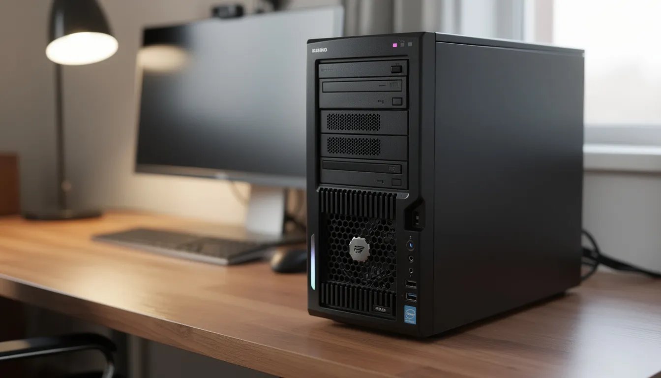A compact tower server case is positioned on a wooden desk in a home office, showcasing visible drive bays and designed for optimal performance and scalability. This nice case offers flexibility for users looking to build a powerful system with compatible components and ample space for expansion slots.