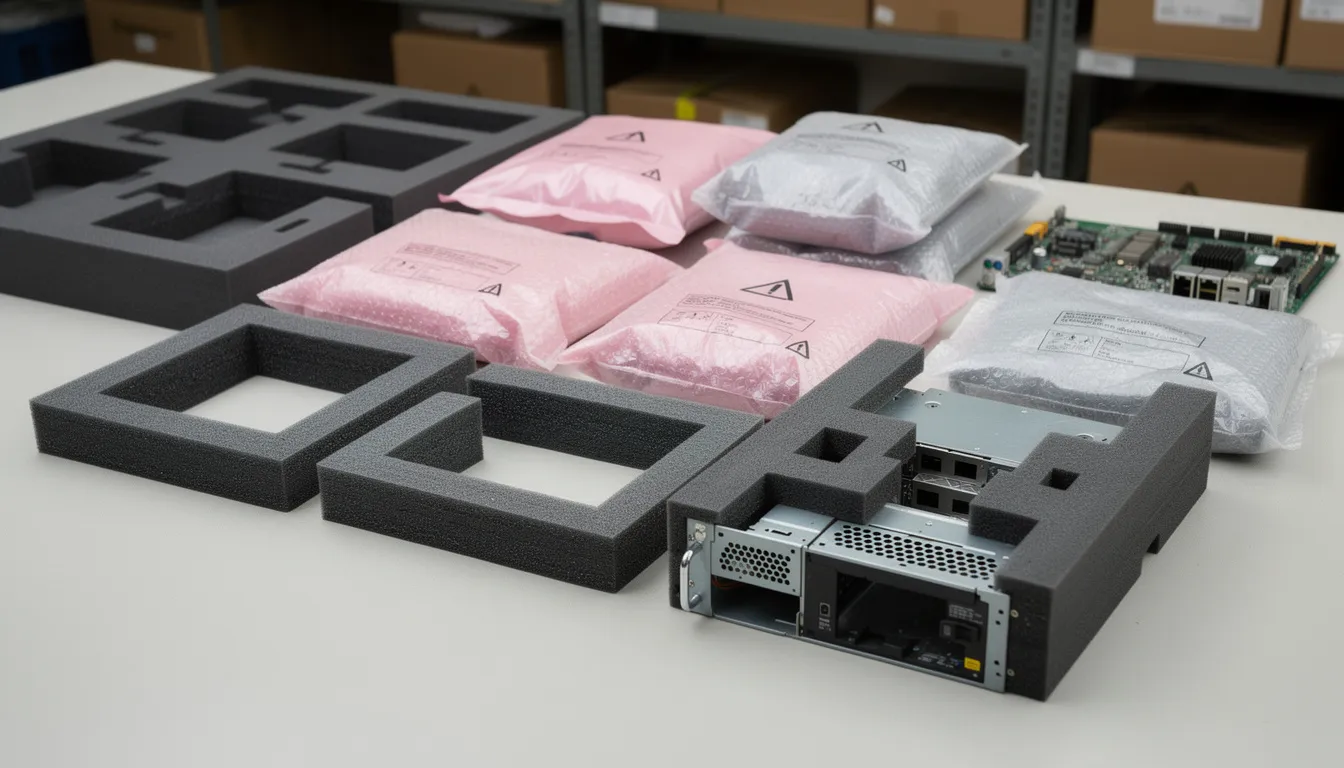 The image shows protective foam inserts and anti-static bags neatly arranged, ready for packing valuable IT equipment like servers. This setup emphasizes the importance of using appropriate packaging materials to ensure that sensitive equipment is securely packed and arrives at its destination safely, minimizing the risk of damage during shipping.