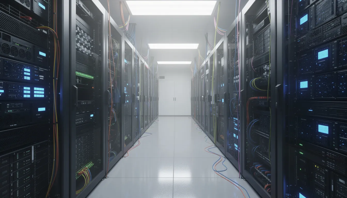 The image shows the interior of a data center featuring multiple 19-inch server racks filled with rackmount chassis, each illuminated by blue LED status lights. This setup highlights the efficient organization of components like CPU coolers and drives, designed for optimal performance and scalability in a compact space.