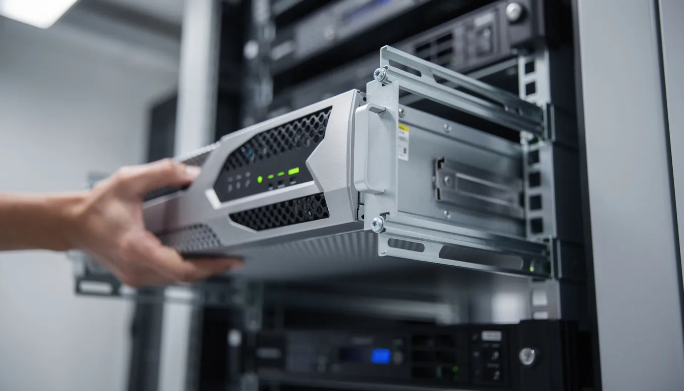 A close-up view of a rack-mounted server being slid into position on rails within a server rack, showcasing the efficient design of high-quality server cabinets in a data center environment. The image emphasizes the reliability and performance of the hardware as it is securely positioned for easy access and maintenance.