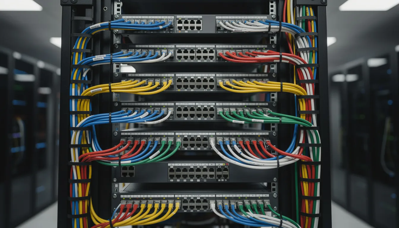 The image shows a well-organized server rack with neatly arranged, color-coded cables routed through vertical management channels, ensuring efficient space utilization and secure access to the servers housed within the server cabinet. This setup highlights the importance of proper cable management in high-quality server racks for optimal performance.