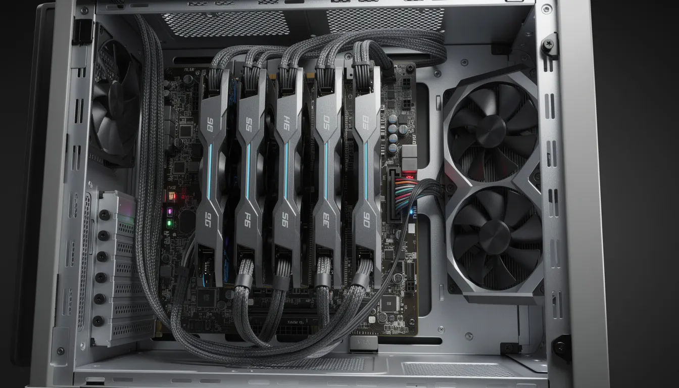 The image shows a high-end server chassis housing multiple graphics cards, complete with visible power cables and cooling fans for optimal performance. This setup highlights the importance of scalability and flexibility in accommodating advanced components within a compact enclosure.