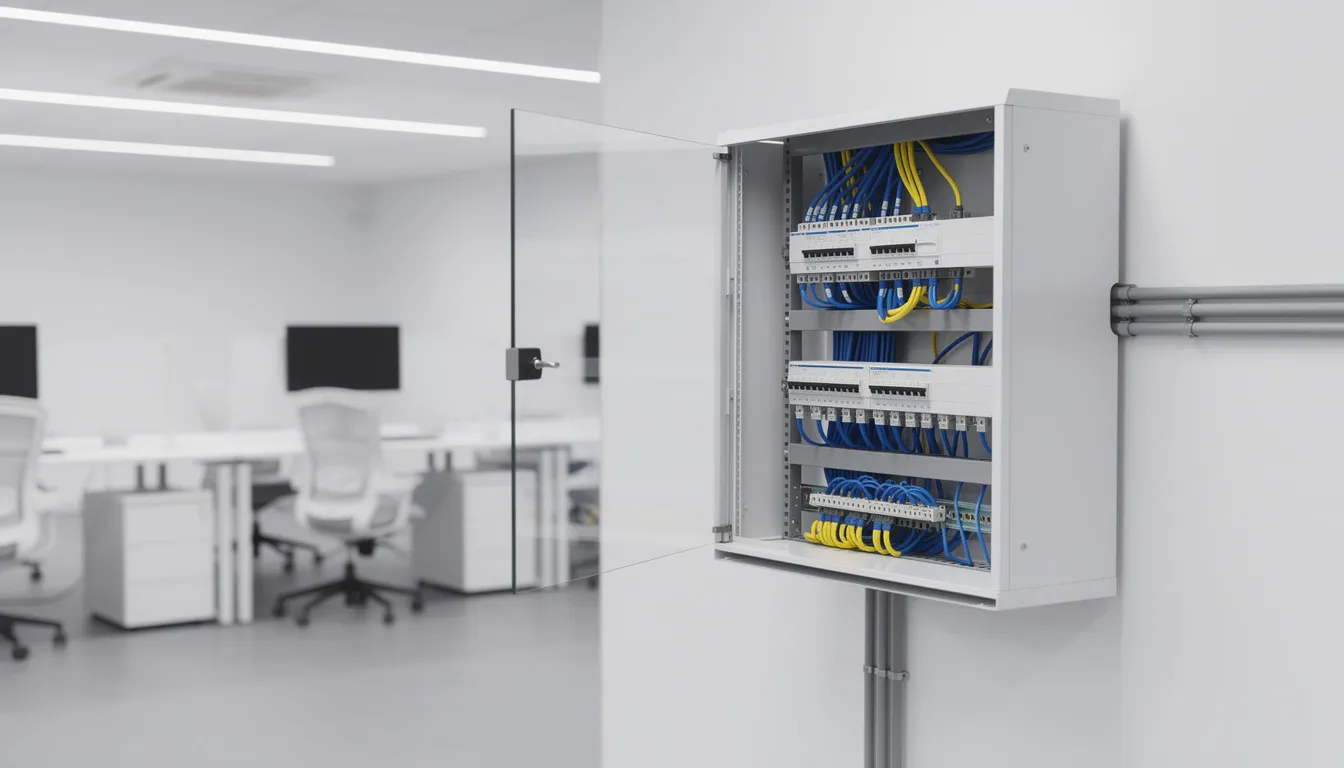 The image shows a wall-mounted network cabinet installed in a clean office environment, featuring high-quality server racks that provide easy access to servers and equipment. The cabinet is designed for efficient use of space, ensuring reliable performance and security for data center operations.