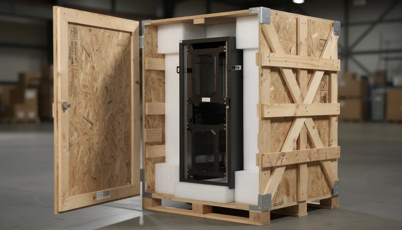 The image shows a wooden shipping crate containing a server rack, which is securely packed with foam padding and bracing to ensure the sensitive equipment is protected during transit. This proper packaging is essential for shipping server racks safely and efficiently, minimizing the risk of damage.