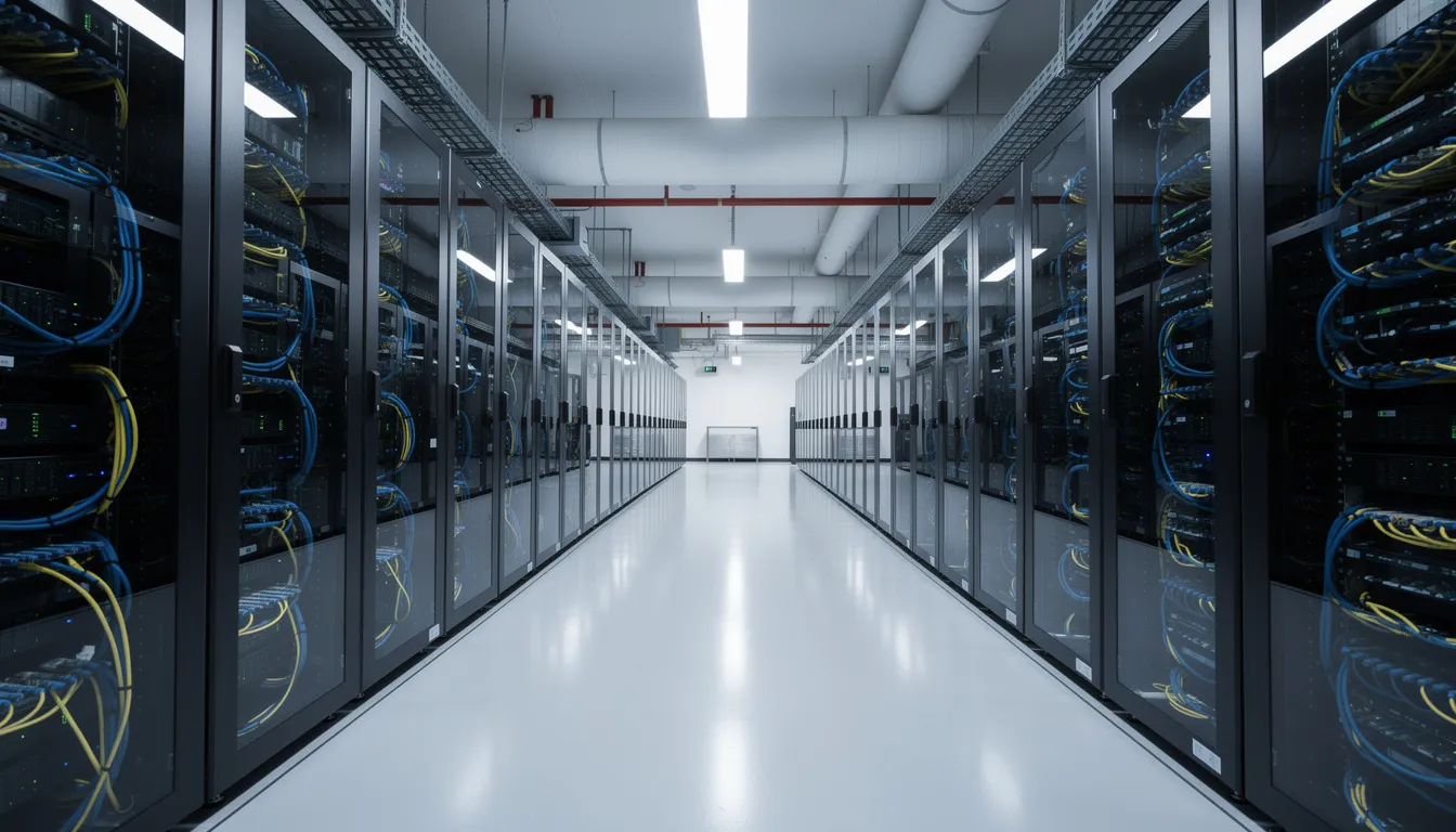The image depicts a modern data centre featuring rows of tall server rack cabinets in a clean and organized industrial environment, showcasing high-quality server racks designed for optimal space and security. The racks are neatly arranged, highlighting their adjustable shelves and various sizes suitable for different equipment and hardware requirements.