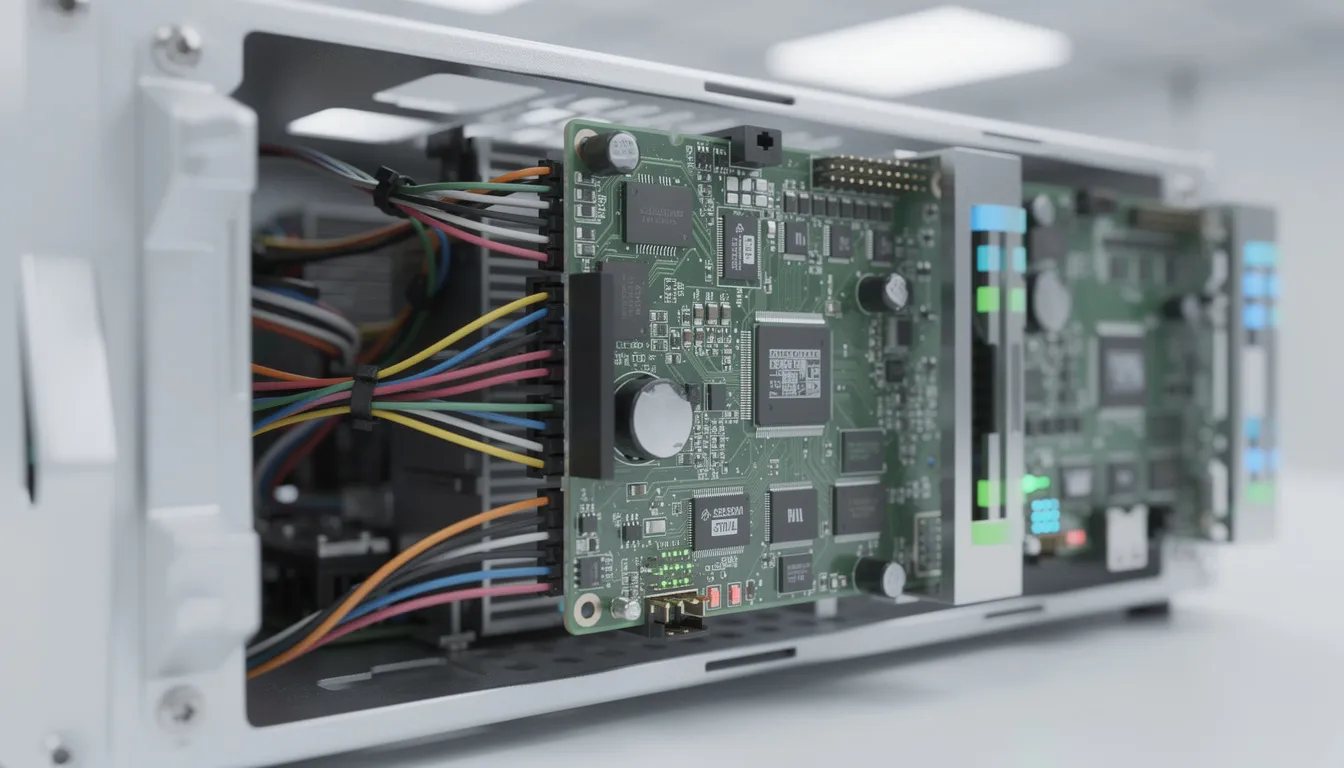 The image shows a close-up view of a server rack, highlighting its intricate internal components such as circuit boards and cable connections, essential for the operation of sensitive equipment. Proper packaging materials are crucial for the shipping process to ensure that valuable equipment like these servers arrives at its destination safely and without damage.