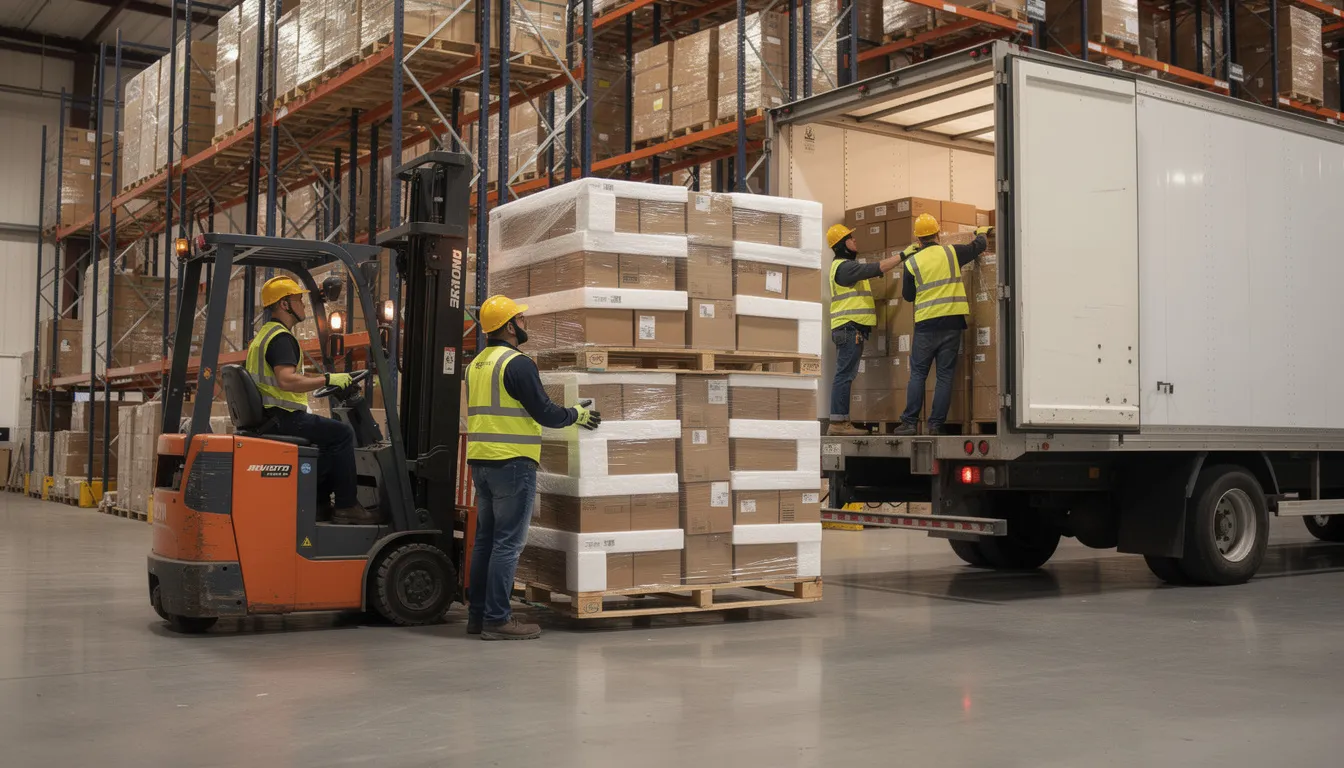 Warehouse workers are diligently loading palletized cargo, cushioned with foam for protection, onto a truck, ensuring proper export packaging for safe international shipping. This careful handling is crucial to meet international shipping standards and minimize the risk of damage during the shipment's journey.