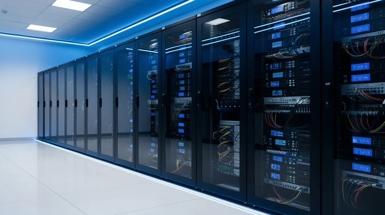 The image shows a row of modern server rack cabinets in a data centre, illuminated by blue LED lighting, showcasing the organized hardware and efficient cable management within the racks. The setup emphasizes easy access to the servers and power supplies, highlighting the infrastructure's reliability and performance.
