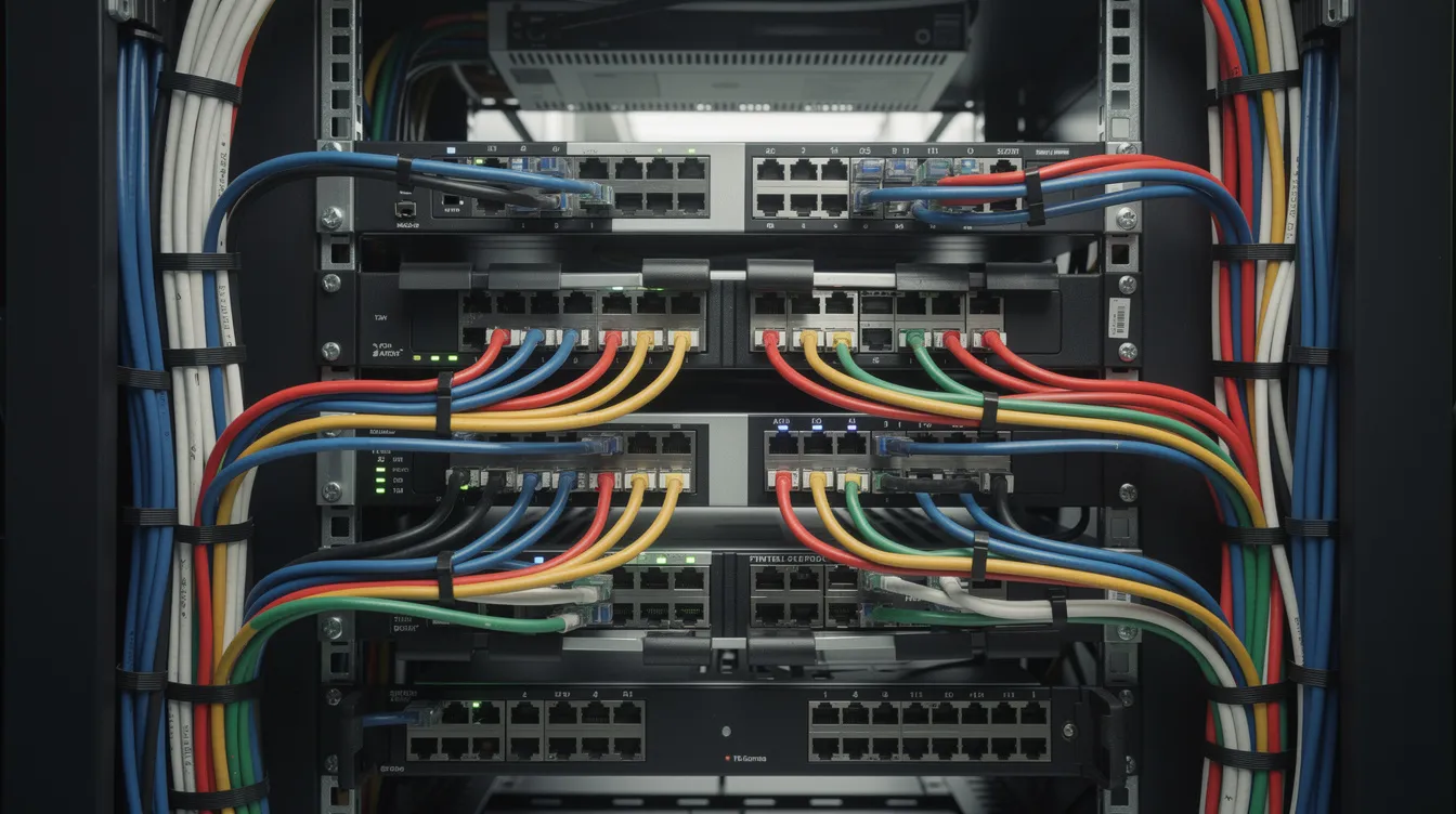 The image features an organized server rack cabinet showcasing effective cable management, with colour-coded cables neatly arranged for easy identification. This setup highlights the importance of organization in server cabinets, ensuring efficient use of space and streamlined access to equipment.