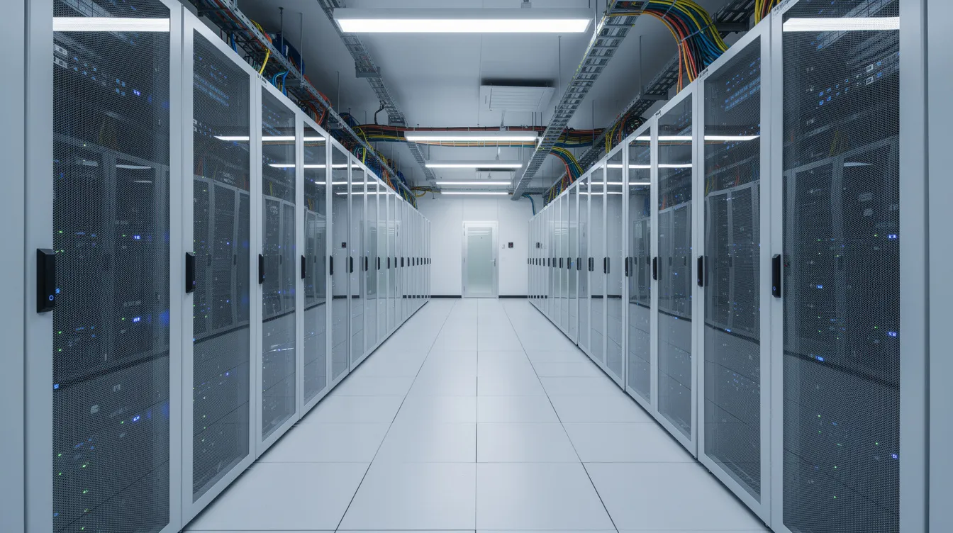 The image depicts a modern data center featuring rows of enclosed server rack cabinets, showcasing organized cable management systems. The environment emphasizes security and efficiency, with adjustable shelves and cabinet accessories designed for optimal hardware placement.