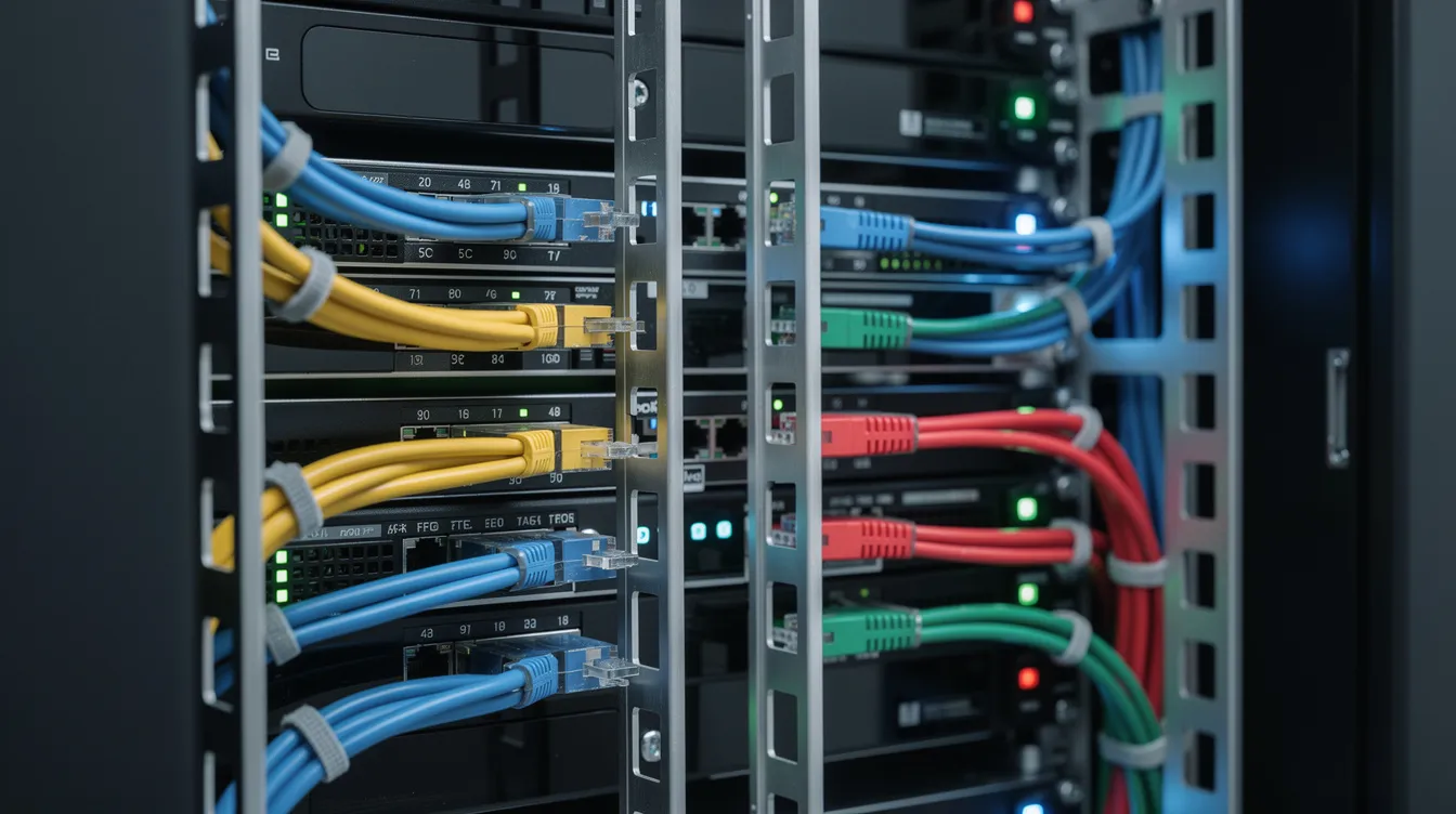 The image shows a close-up view of organized server cables neatly arranged within vertical cable management trays, highlighting the efficient use of space in a server rack cabinet. This setup ensures easy access and optimal cable management for the data centre's hardware infrastructure.