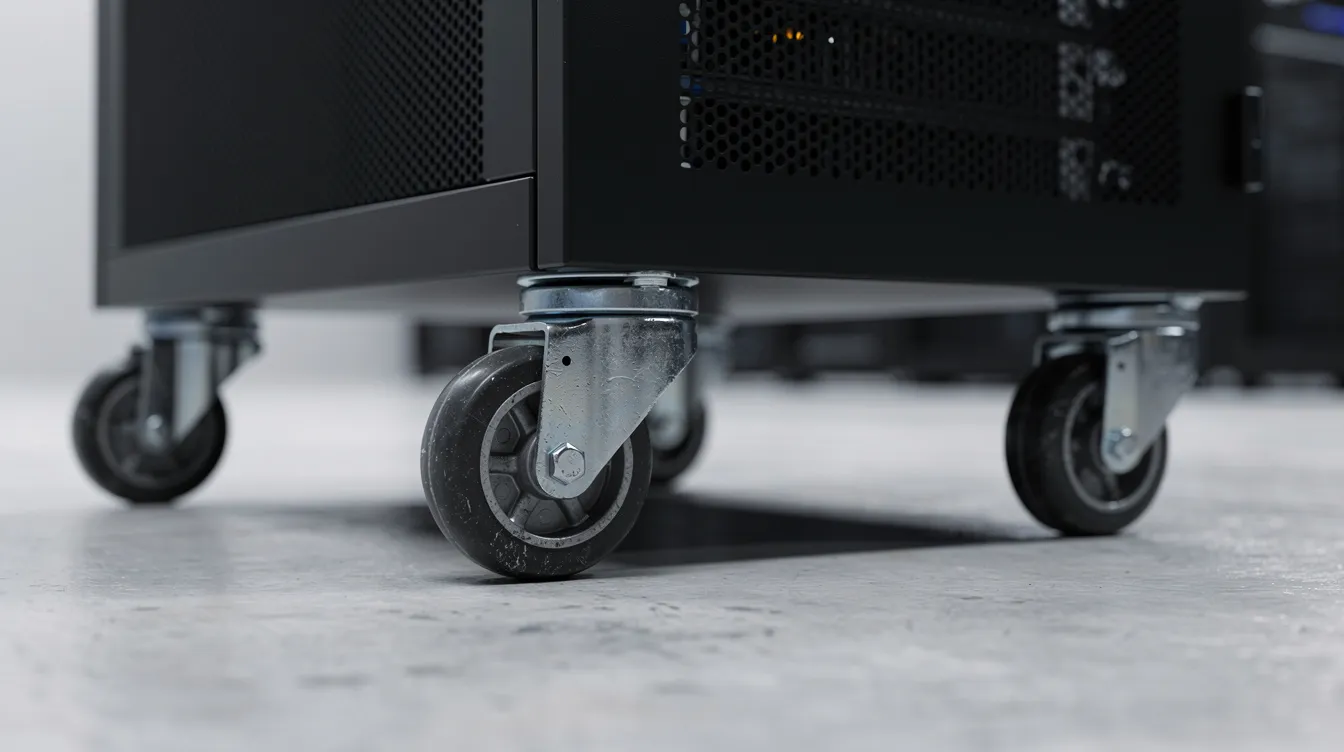 A close-up view of heavy-duty castors located beneath a server cabinet on a concrete floor, highlighting the sturdy design that allows for easy movement of the server rack. The castors are essential for securely positioning high-quality server racks in various office environments.