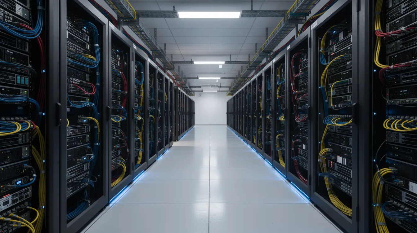 The image depicts the interior of a data center featuring rows of tall server rack cabinets, neatly organized with cables running between them. This setup showcases the efficient use of space and security measures necessary for housing a huge range of servers and equipment.