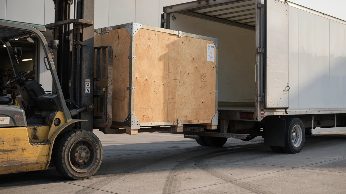 A large wooden shipping crate, designed with forklift pockets for easy handling, is being loaded onto a truck, securely holding valuable IT equipment such as servers and components. The crate features lockable latches and protective packaging, ensuring the safe transit of essential hardware to the customer site.