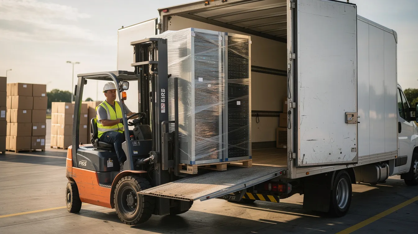 A forklift operator is carefully positioning a shrink-wrapped server rack, which contains valuable IT equipment, onto the truck bed for secure transport. The server cabinet is protected with custom blocking and bubble wrap to ensure it remains undamaged during transit.