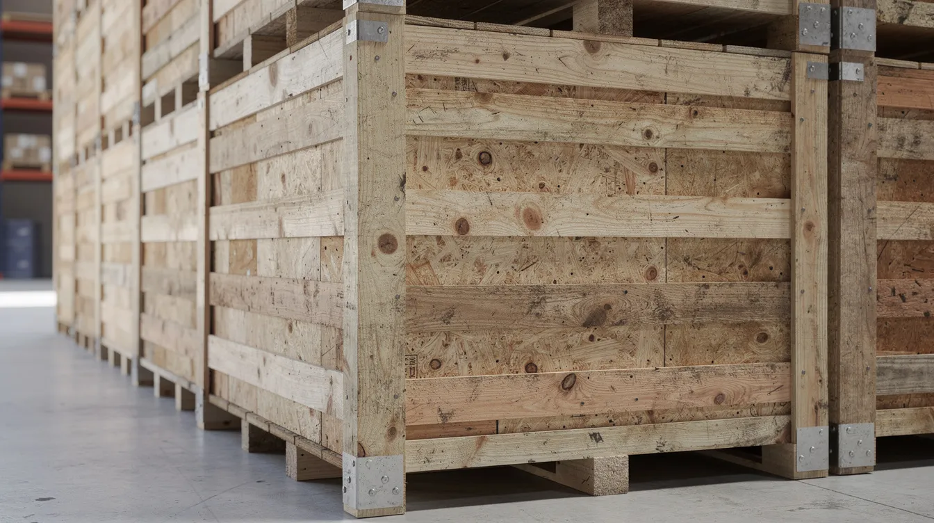 A close-up view of stacked wooden shipping crates reveals their plywood panels and robust timber frames, showcasing their durability and suitability for secure shipping of fragile items in an industrial warehouse setting. These wooden packing crates are designed to protect products during transit and are ideal for long-term storage.
